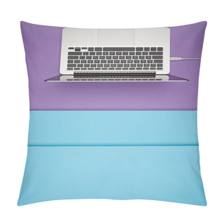 Personality  Top View Of Laptop On Purple And Blue Paper Background Pillow Covers