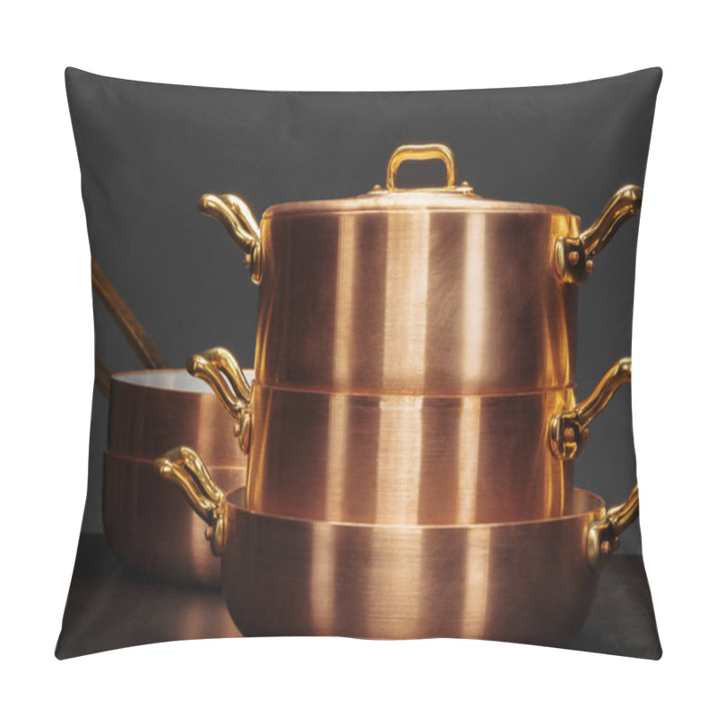 Personality  Shiny vintage copper cookware over dark background pillow covers