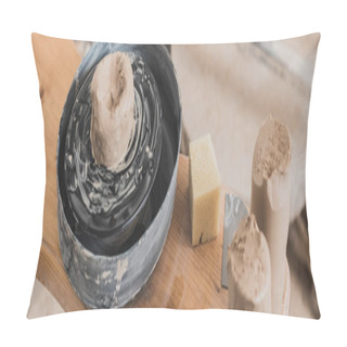 Personality  High Angle View Of Wet Piece Of Clay On Pottery Wheel And Sponge On Wooden Bench In Art Studio, Banner Pillow Covers