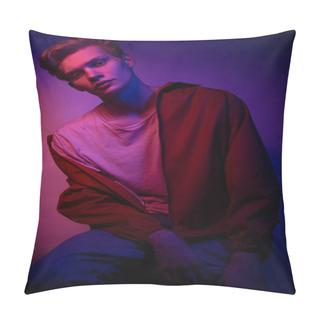 Personality  Fashion Photo Portrait Of A Young Male Model Trendy Fashionable Urban Style In Studio On Color Gel Background Pillow Covers