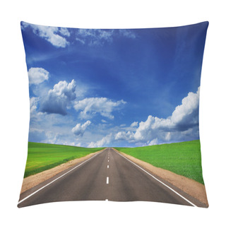 Personality  Asphalt Road In Green Fields Under Beautiful Sky Pillow Covers