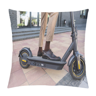 Personality  Partial View Of Businessman Holding Leather Bag While Standing Near E-scooter And Building  Pillow Covers