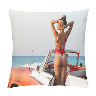 Personality  Vacations In Cuba. Sexy Woman Wearing Red Swimsuit In Retro Cabriolet Car On The Beach.  Pillow Covers