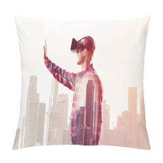Personality  Guy Wearing Checked Shirt And Virtual Mask Stretching Hand To Touch Something Pillow Covers