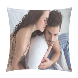 Personality  Young Woman In Pajamas Hugging Boyfriend On Bed At Home Pillow Covers