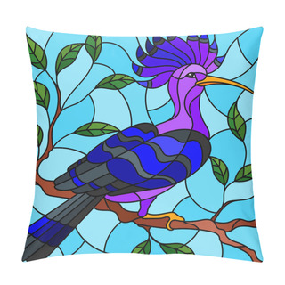 Personality  Illustration In The Style Of Stained Glass With A Beautiful Blue Bird  On A  Background Of Branch Of Tree And Sky Pillow Covers