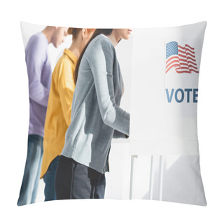 Personality  Voters In Polling Booths With American Flag And Vote Inscription On Blurred Background Pillow Covers