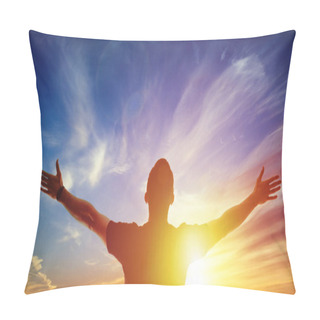 Personality  Young Man Standing Outstretched At Sunset. Bright Solar Glow And Sky Pillow Covers