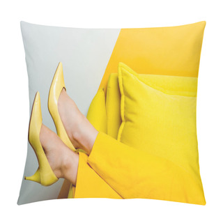 Personality  Cropped View Of Woman In Heels Near Pillows On White And Yellow  Pillow Covers