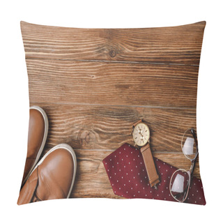 Personality  Top View Of Mens Brown Casual Shoes, Polka Dots Red Tie, Wristwatch And Glasses On Wooden Background Pillow Covers