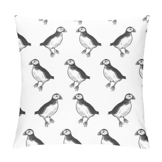 Personality  Puffins. Exotic Birds Deadlock. Seamless Pattern. Black Ink On White Background. Vector Illustration. Wild Life. Natural Motive Of Nature. For Paper, Wallpaper, Textiles, Ornamental Coverings. Pillow Covers