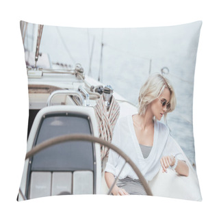 Personality  Young Woman In Sunglasses Using Digital Tablet And Checking Wristwatch While Sitting On Yacht Pillow Covers