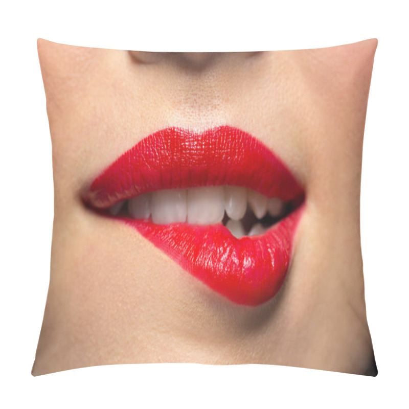 Personality  close up of woman with red lipstick biting lip pillow covers
