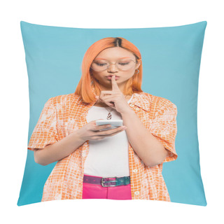 Personality  Secrecy, Confidentiality, Serious Asian Woman In Eyeglasses Showing Hush Sign During Video Call On Smartphone On Blue Background, Red Colored Hair, Orange Shirt, Modern Fashion, Generation Z Pillow Covers