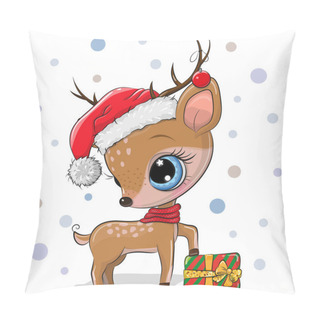 Personality  Vector Illustration Cute Cartoon Deer With Gift In A Santa Hat Pillow Covers