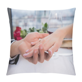 Personality  Cropped Shot Of Boyfriend Holding Fiances Hand During Romantic Date In Restaurant Pillow Covers