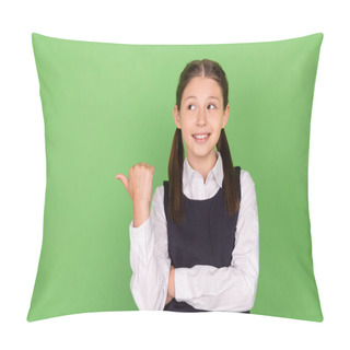 Personality  Photo Of Young School Girl Happy Positive Smile Point Thumb Empty Space Ad Promo Choose Isolated Over Green Color Background Pillow Covers