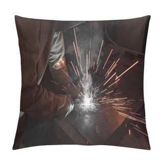 Personality  Cropped Image Of Welder In Protection Mask Working With Metal At Factory  Pillow Covers