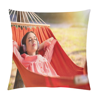 Personality  Beautiful Young Woman With Headphones Resting In Hammock Outdoors Pillow Covers