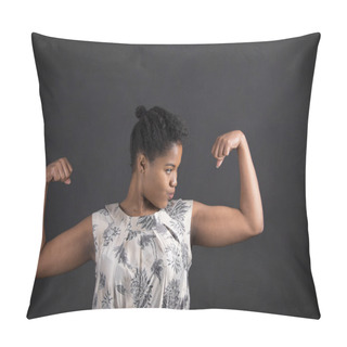 Personality  African American Woman With Strong Arms On Blackboard Background Pillow Covers