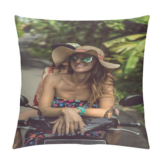 Personality  Happy Young Woman In Sunglasses Sitting On Motorbike And Smiling At Camera  Pillow Covers