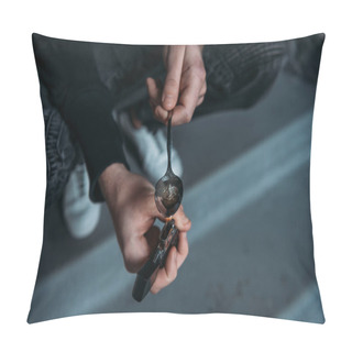 Personality  Cropped Shot Of Addicted Man Boiling Heroin In Spoon With Lighter Pillow Covers