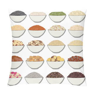 Personality  Set Of Packs Of Cereals, Grains, Nuts On Shelf For Kitchen Storage. Hand Drawn Vector Illustration. Isolated On White Background. Pillow Covers