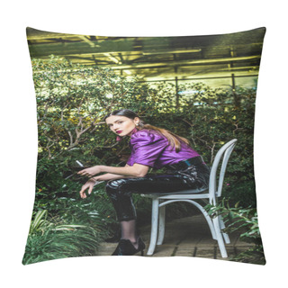 Personality  Attractive Woman In Purple Blouse And Leather Pants Sitting On Chair And Holding Wine Glass In Orangery Pillow Covers
