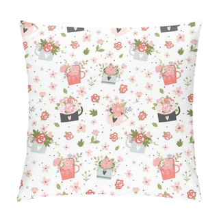 Personality  Vector Floral Pattern In Doodle Style With Pink Flowers On White Background. Gentle, Spring Floral Background With . Pillow Covers