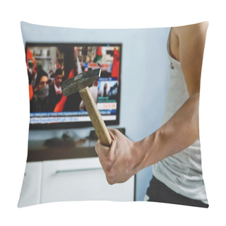 Personality  Man Watches TV News Report About The Protests. Angry Guy Smashes TV With Hammer. False News Caused Anger Among Viewers. Explosive Nature. An Angry Viewer Is Dissatisfied With The Report Of The Channel Pillow Covers