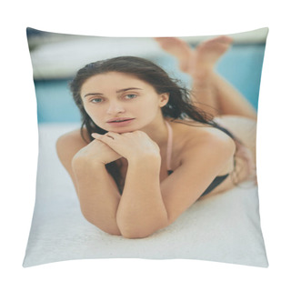 Personality  Portrait Of Brunette Woman In Black Bikini, Sexy Model With Wet Hair Posing Next To Swimming Pool In Luxury Resort, Miami, Florida, USA, Blurred Background, Laying Down, Poolside Relaxation  Pillow Covers