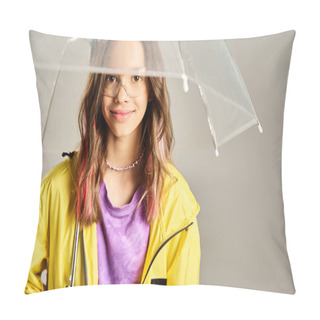 Personality  A Stylish Teenage Girl In Vibrant Attire Holds A Clear Umbrella Over Her Head In An Active Pose. Pillow Covers