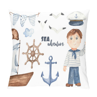 Personality  Children Sailors On The Sea Landscape, Ships On A White Background. Watercolor Seamless Pattern Pillow Covers