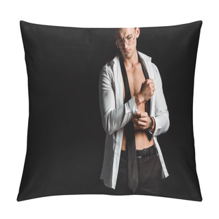 Personality  Undressed Man In Glasses Standing And Touching Suit Isolated On Black  Pillow Covers