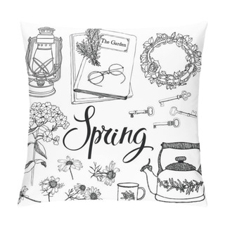Personality  Vintage Household Objects And Flowers, Spring Theme. Hand Drawin Pillow Covers