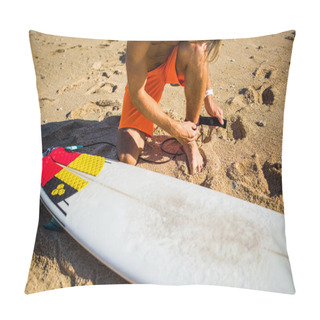 Personality  Partial View Of Sportsman Getting Ready For Surfing On Sandy Beach Pillow Covers