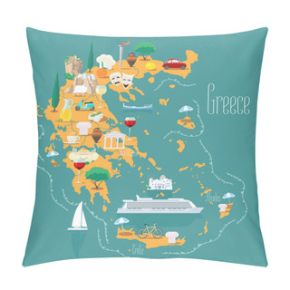 Personality  Map Of Greece With Islands  Vector Illustration, Design. Icons With Greek Landmarks, Acropolis And Food. Explore Greece Concept Image Pillow Covers