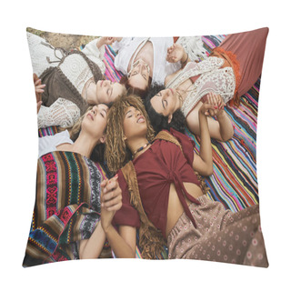 Personality  High Angle View Of Interracial Women Holding Hands And Lying On Blanket In Retreat Center Pillow Covers