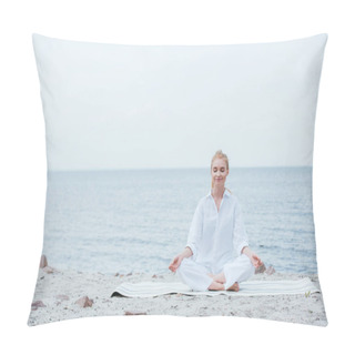 Personality  Happy Blonde Young Woman With Closed Eyes Sitting On Yoga Mat  Pillow Covers