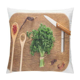 Personality  Top View Of Green Parsley, Knife, Spoons With Coriander And Pink Peppercorn, Dried Chili Peppers On Wooden Chopping Board Pillow Covers