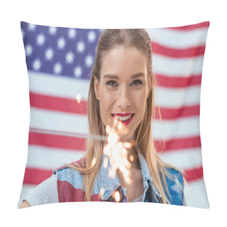 Personality  Smiling Woman With Sparkler Pillow Covers