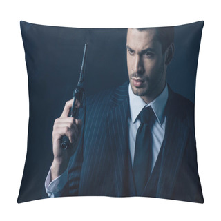 Personality  Pensive Gangster Raising Gun On Dark Blue Background Pillow Covers