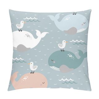 Personality  Simple Whale And Gull Seamless Childish Pattern In Blue, White, Pink And Green Colour. Hand Drawn Repeat Pattern For Wrapping, Fabrik, Textile Or Paper Projects. Vector Illustration.    Pillow Covers