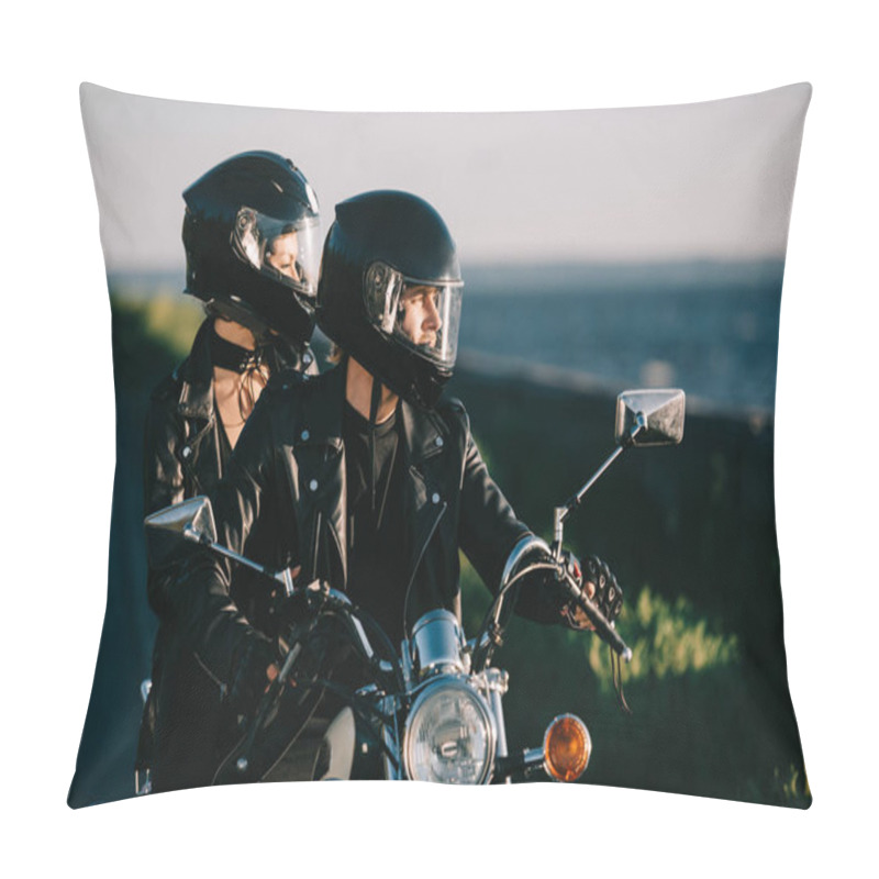 Personality  Couple Of Bikers In Helmets Riding Motorcycle Pillow Covers