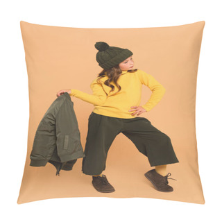 Personality  Stylish Girl In Yellow Turtleneck Holding Jacket While Posing With Hand On Hip On Beige Pillow Covers