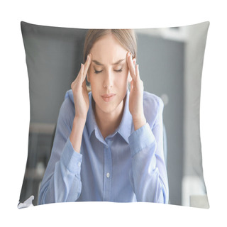 Personality  Young Woman Suffering From Headache In Office Pillow Covers