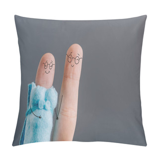 Personality  Cropped View Of Fingers As Smiling Pregnant Couple In Glasses Holding Hands Isolated On Grey Pillow Covers