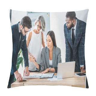Personality  Young Multicultural Businesspeople Discussing Project In Office Pillow Covers