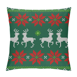 Personality  Seamless Pattern Knitted Reindeer And Poinsettia Red White Green Pillow Covers