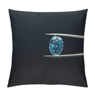 Personality  Colorful Blue Sparkling Diamond In Tweezers Isolated On Black Pillow Covers
